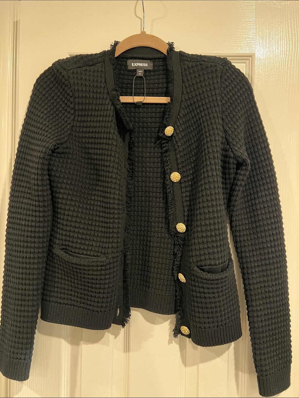 Express Black Waffle Knit Cardigan with Gold Buttons